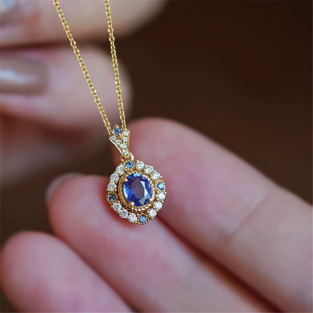 Collier Vintage avec pendentif rond en pierre de Zircon bleu pour femme, bijoux de mariage uniques d