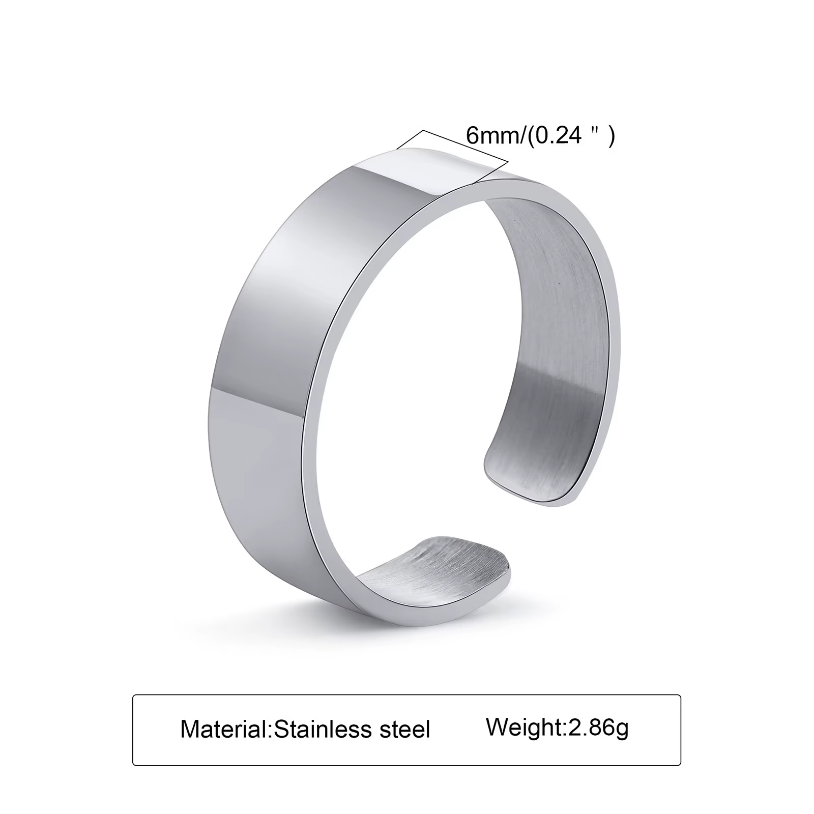 Bague Punk Courbée pour Hommes et Garçons, Bague Ajustable en Acier Inoxydable Poli Miroir, Largeur 