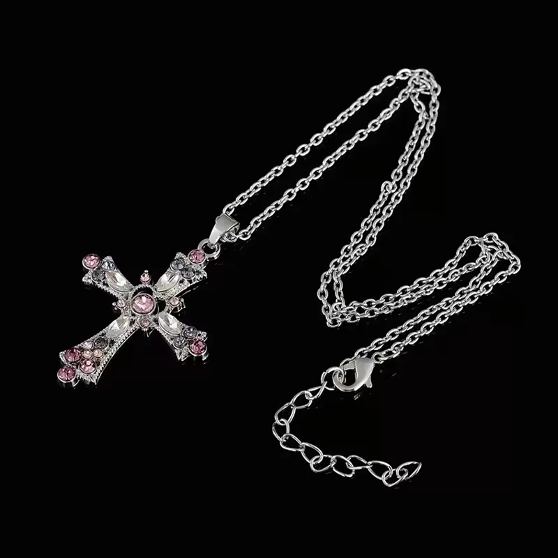 Y2K – collier avec pendentif en forme de cœur et de croix, en cristal rose, Egirl, doux et Cool, cha
