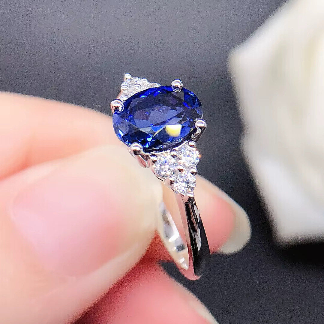 Bague de mariage en diamant bleu, saphir cultivé en laboratoire, 14K, 1,5 ct, taille ovale, bijoux f