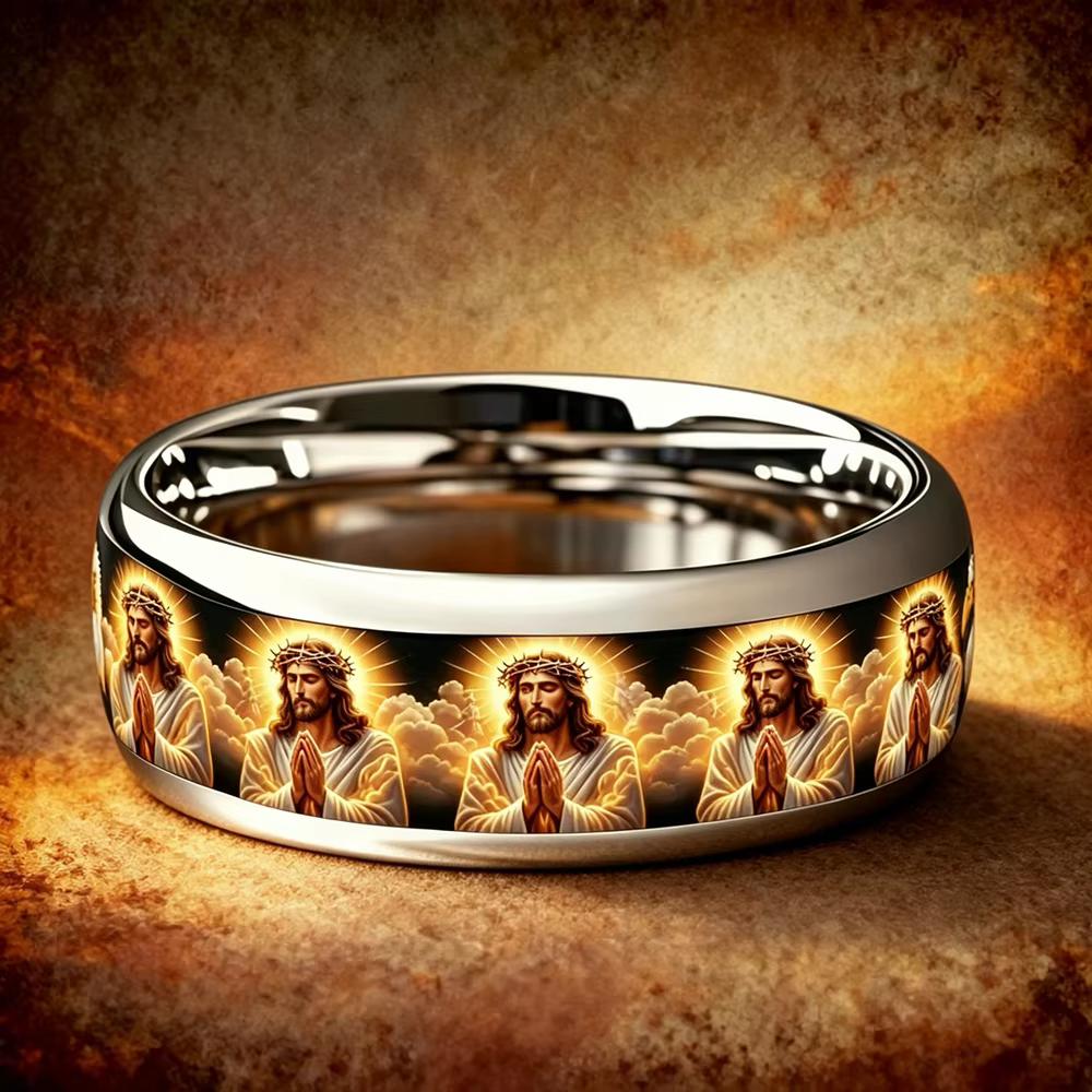 Bague de prière vintage chrétienne Jésus, bague en acier inoxydable avec croix de Jésus, pour hommes