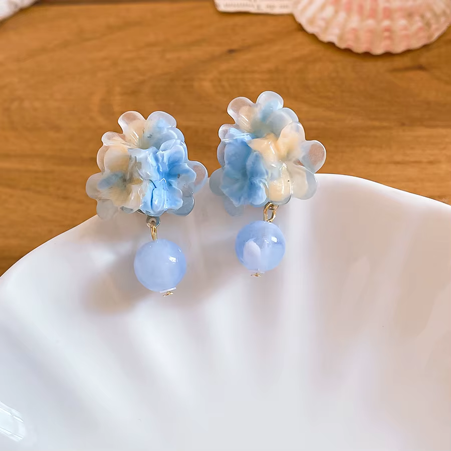 Nouvelles boucles d'oreilles pendantes en résine et tissu à fleurs avec pompon pour femme, accessoir