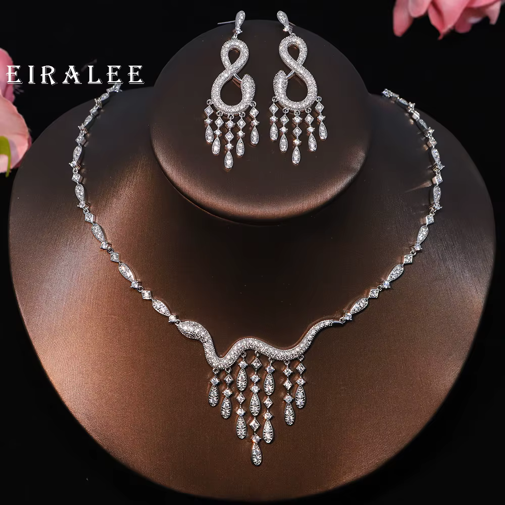 Collection de bijoux de mariage pour femmes - Collier, boucles d'oreilles, zircon cubique, accessoir