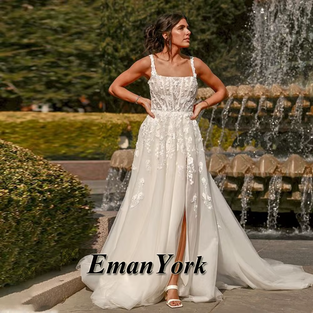 EmanY-Robes de mariée à col carré à la mode pour la mariée, fente haute, appliques en dentelle, plis