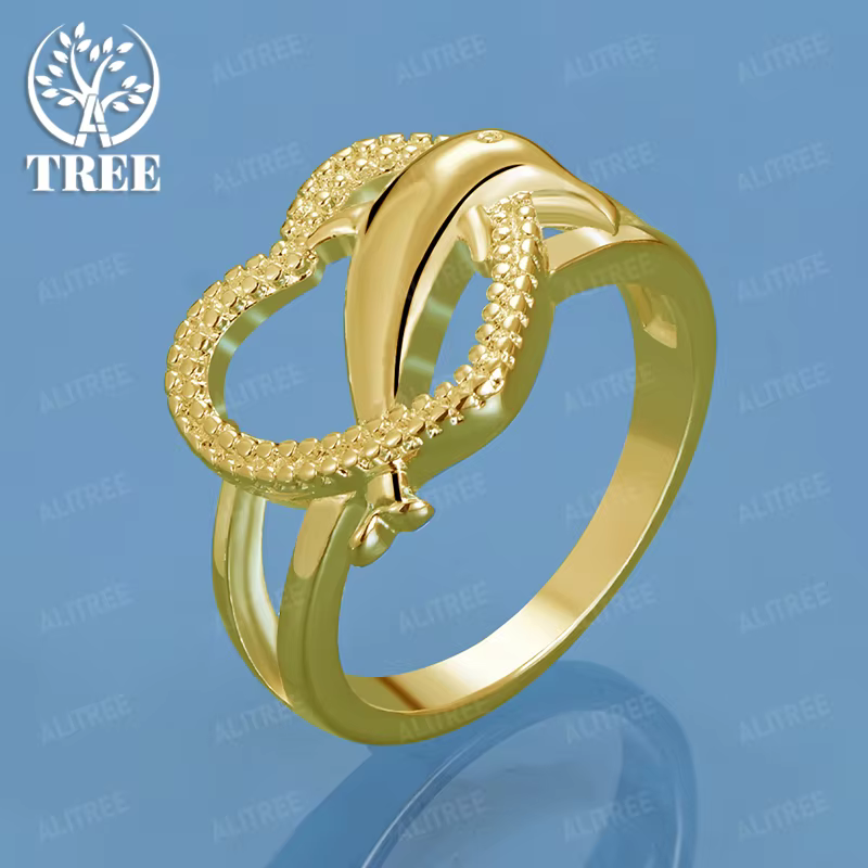 Bague de luxe en or 18 carats pour hommes et femmes, anneau en forme de cœur et de dauphin, breloque
