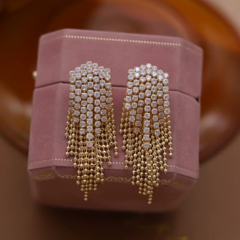 Boucles d'oreilles à pampilles en chaîne de perles de zircon plaqué or 14K, nouveaux bijoux à la mod