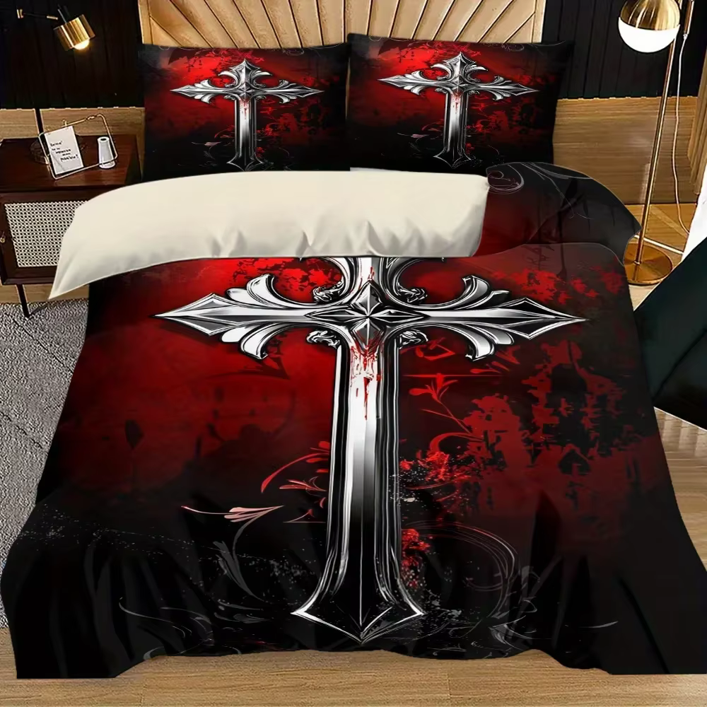 Ensemble de 3 pièces de couette imprimé croix gothique rouge, comprend 1 housse de couette et 2 taie