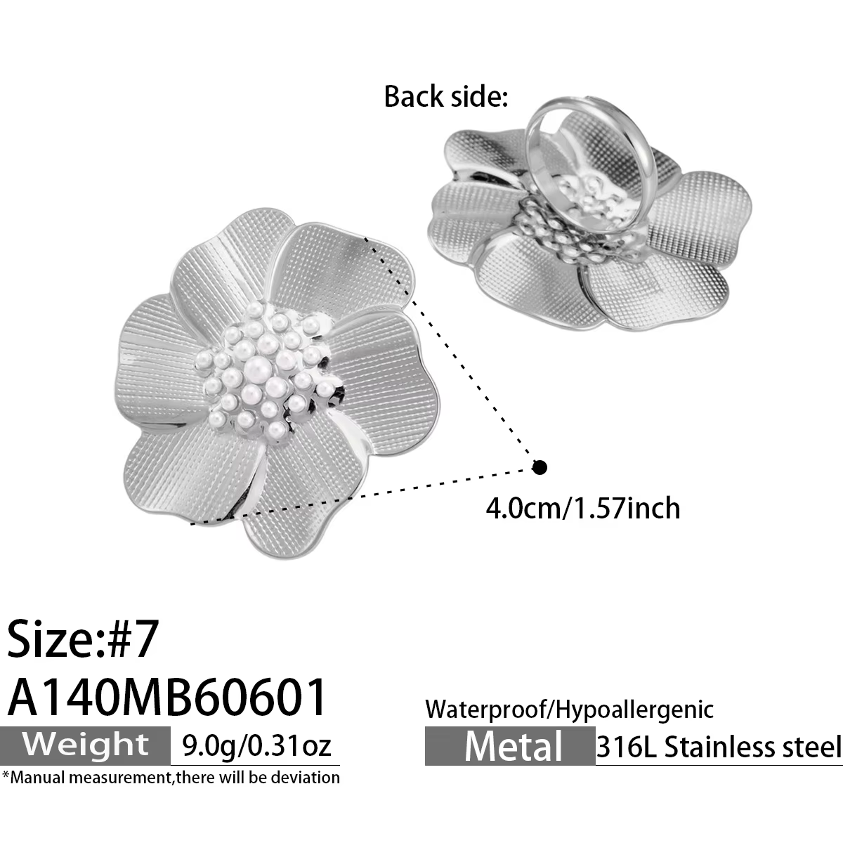 Bague en acier inoxydable 316L plaqué or 18 carats, motif floral texturé irrégulier, perle, empilabl