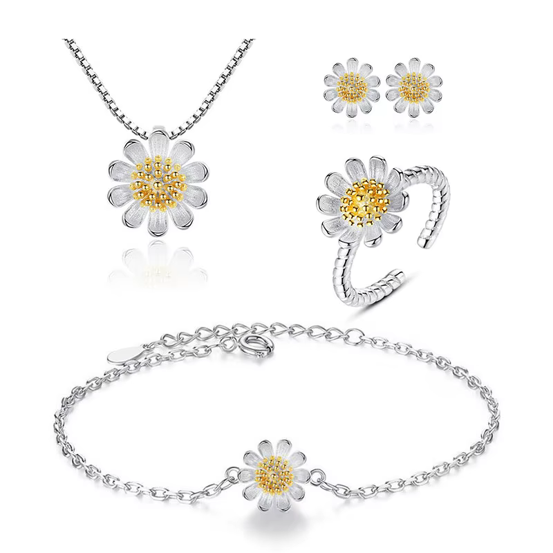 ANENJERY – ensemble de bijoux couleur argent, collier + boucles d'oreilles + Bracelet + bague, fleur