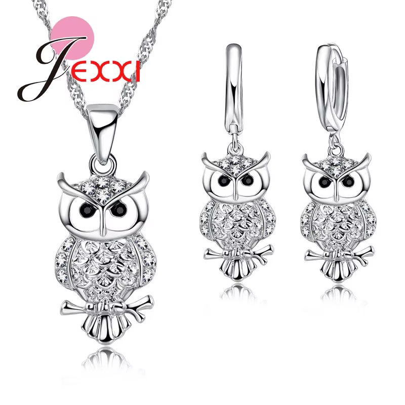 Mode dessin animé hibou Animal déclaration Collier + boucles d'oreilles 925 en argent Sterling Bijou