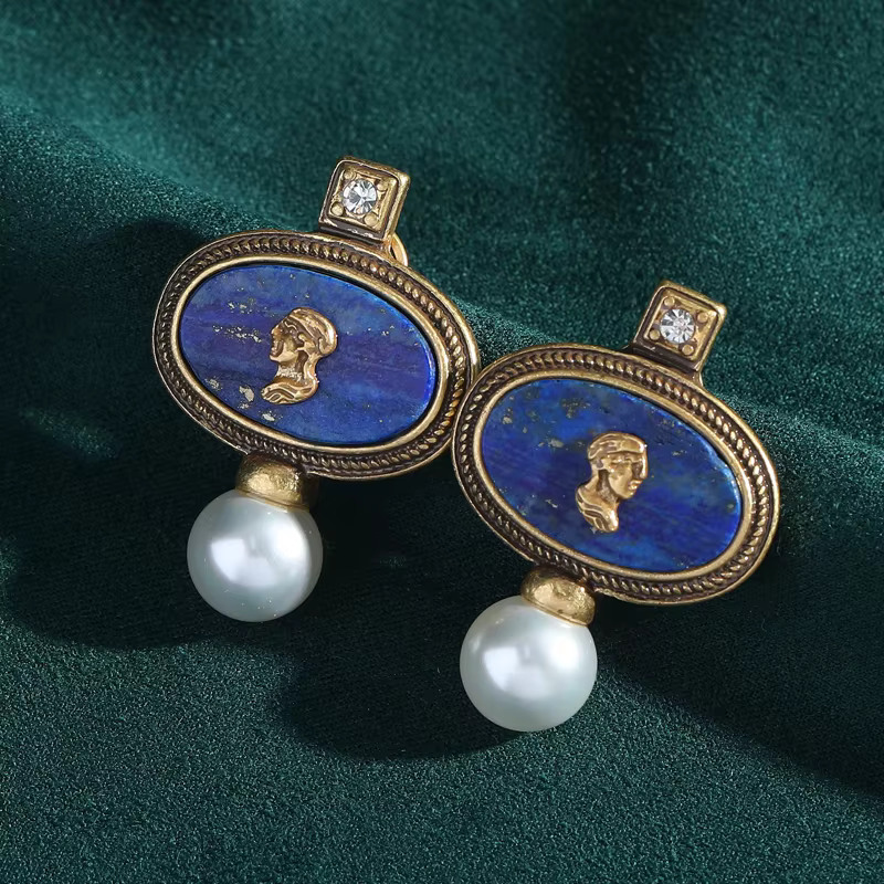 Boucles d'oreilles antiques en Lapis Lazuli, couleur or, Portraits sculptés Vintage, ovales, bijoux 