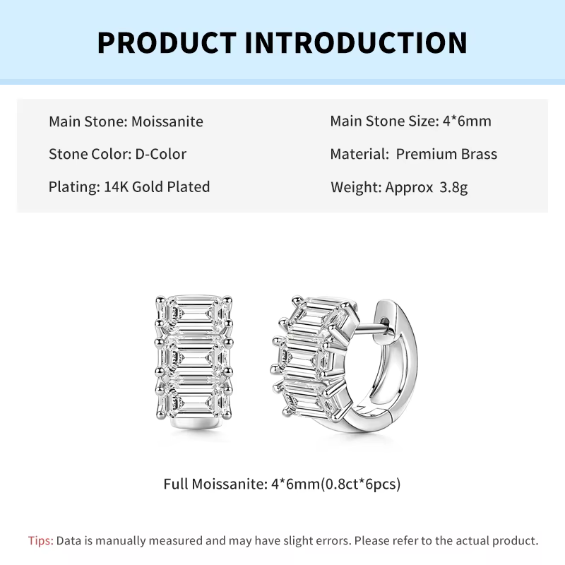 Rrjzz Boucles d'oreilles créoles pour femme en moissanite pleine couleur D taille émeraude 4*6mm, 6 