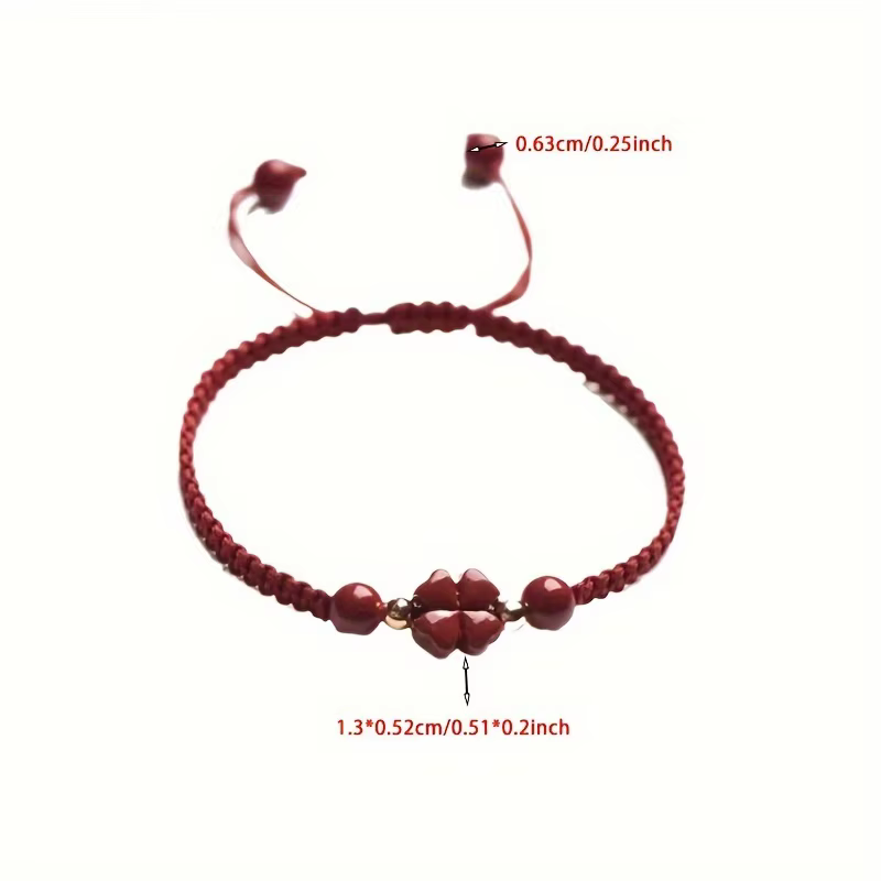 Bracelet tressé en cordon rouge porte-bonheur – Breloque de paix et de bonheur en trèfle à quatre fe
