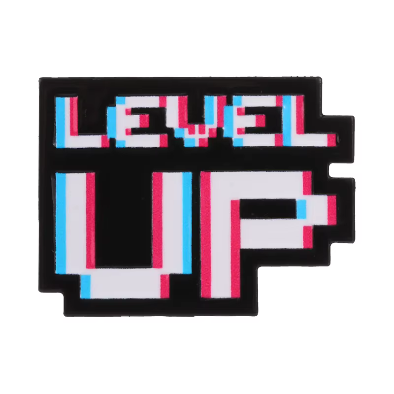 Broche en émail Level Up Retro Pixel Game, broches vintage avec texte de jeu d'arcade, bijou de mode