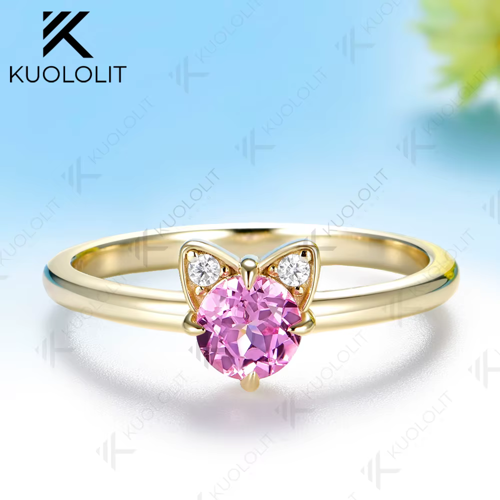 Bague personnalisée Kuololit 0,5 carat en saphir rose de laboratoire et diamants pour femme, en or j