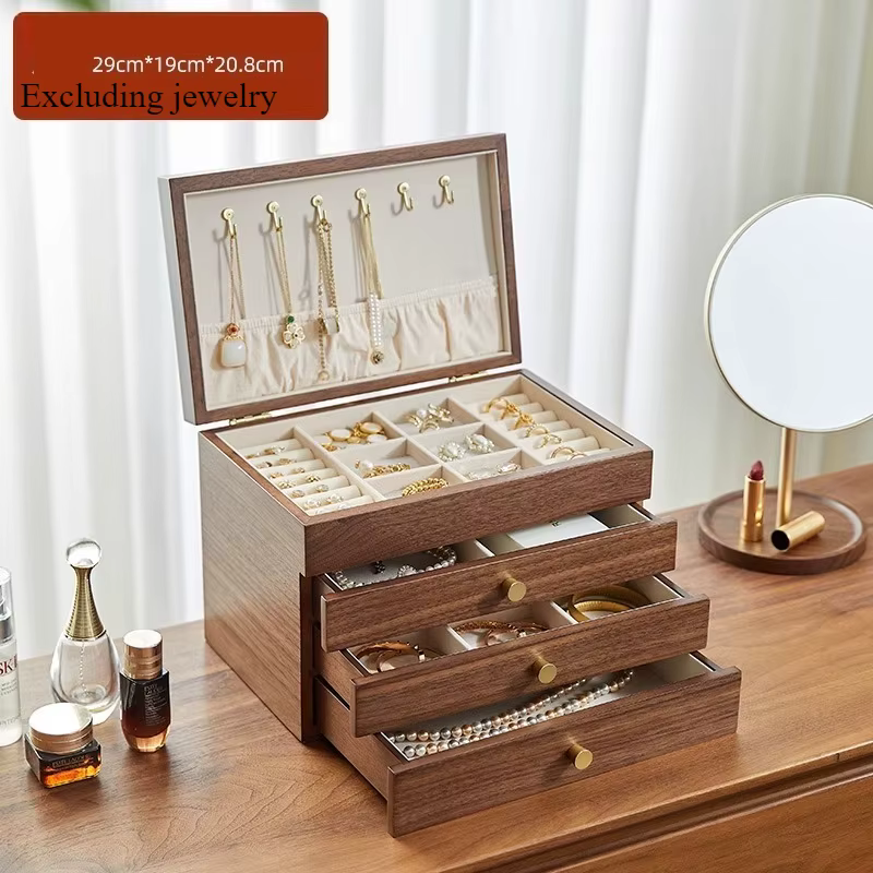 Boîte à bijoux en bois massif avec serrure, boîte de rangement multicouche pour bijoux à main, bijou