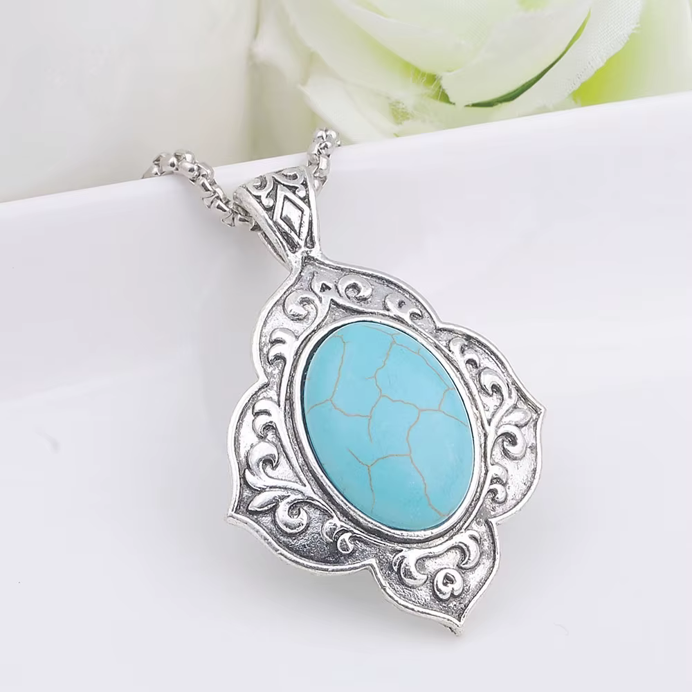 Collier vintage en pierre naturelle, pendentif turquoise, bijoux élégants pour femmes, accessoire ar