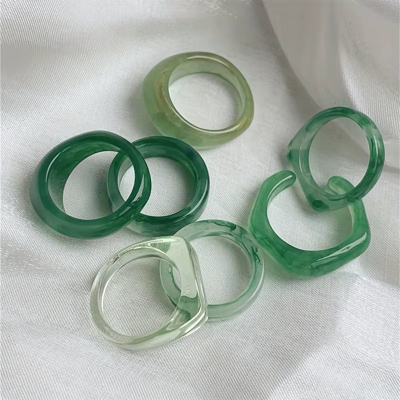 Ensemble de bagues en résine vert jade pour femmes, 7 pièces, style élégant et à la mode, exquis et 
