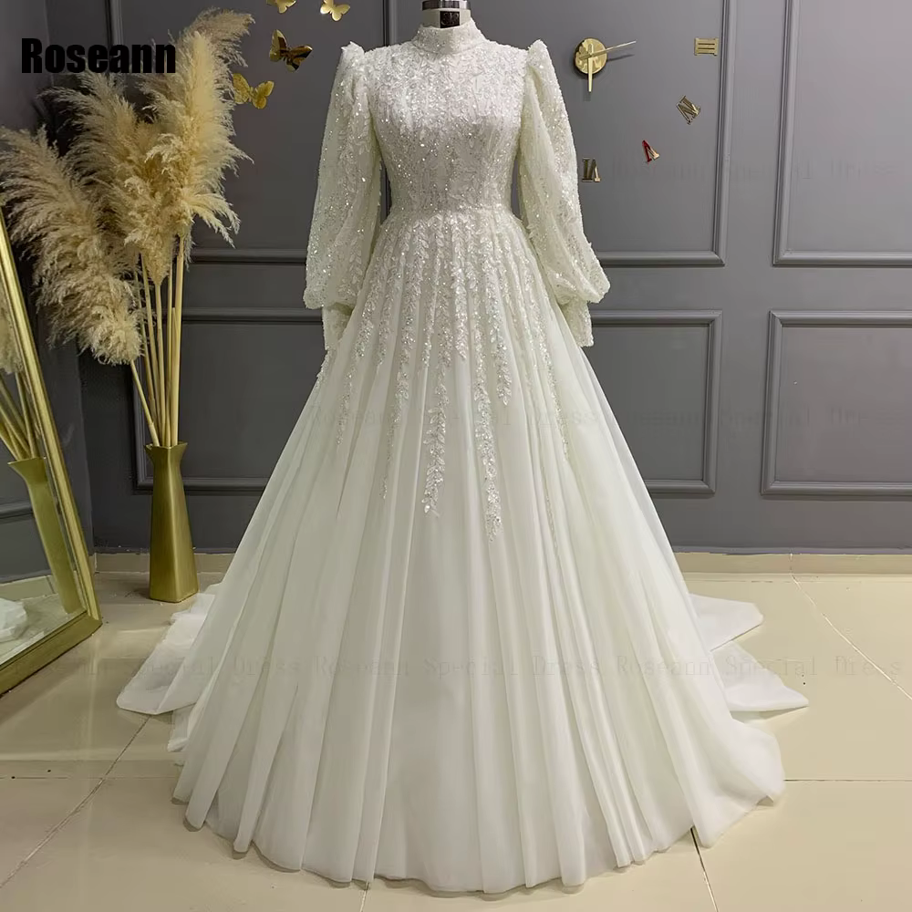 Robes de mariée A-Line musulmanes, robe de mariée drapée, plissée, paillette, appliques, dentelle, b
