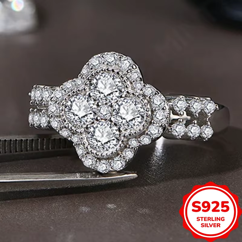 Bague en or blanc 18 carats plaqué or avec diamant, bijoux fins à quatre feuilles pour femmes, argen