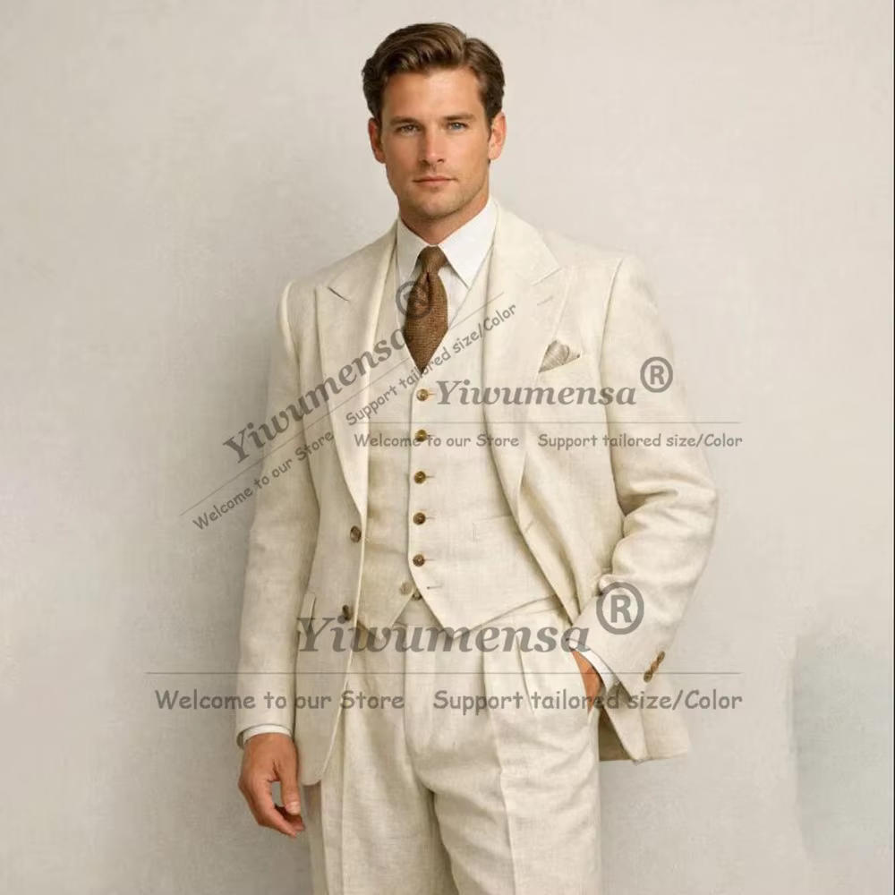 Costume de plage d'été pour homme, ensemble 3 pièces, vêtements homme, blazer en lin à simple bouton