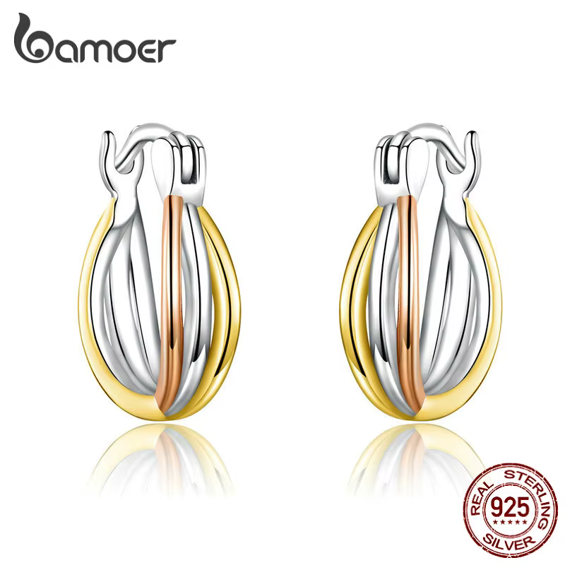 Bamoer-Boucles d'Oreilles Bicolores en Argent Sterling 925 group, Bijoux Fins Brinco, Cadeau pour Fe