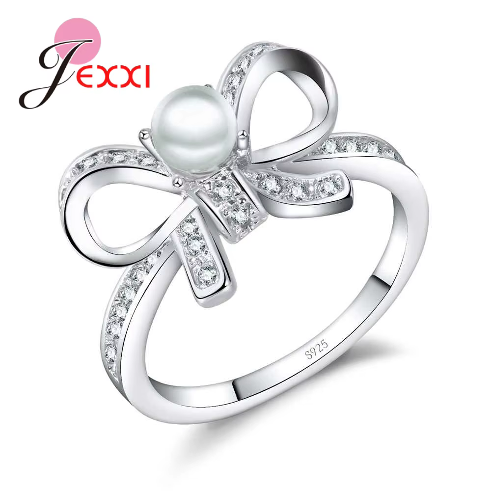 Joli nœud papillon pour femmes, bijoux avec perles micro, pierres CZ, bagues de mariage en argent St
