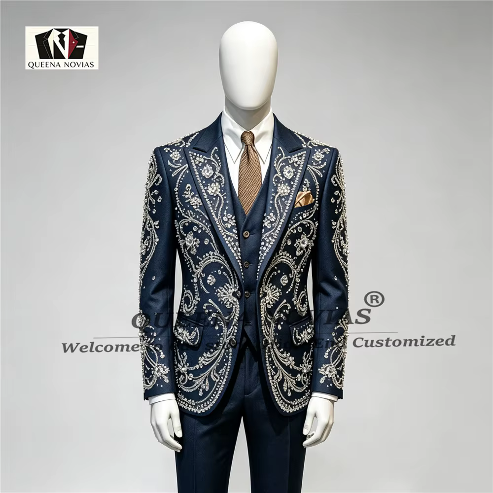 Costume de Mariage de Luxe pour Homme, Ensemble 3 Pièces (Veste, Gilet, Pantalon) avec Perles et Pie