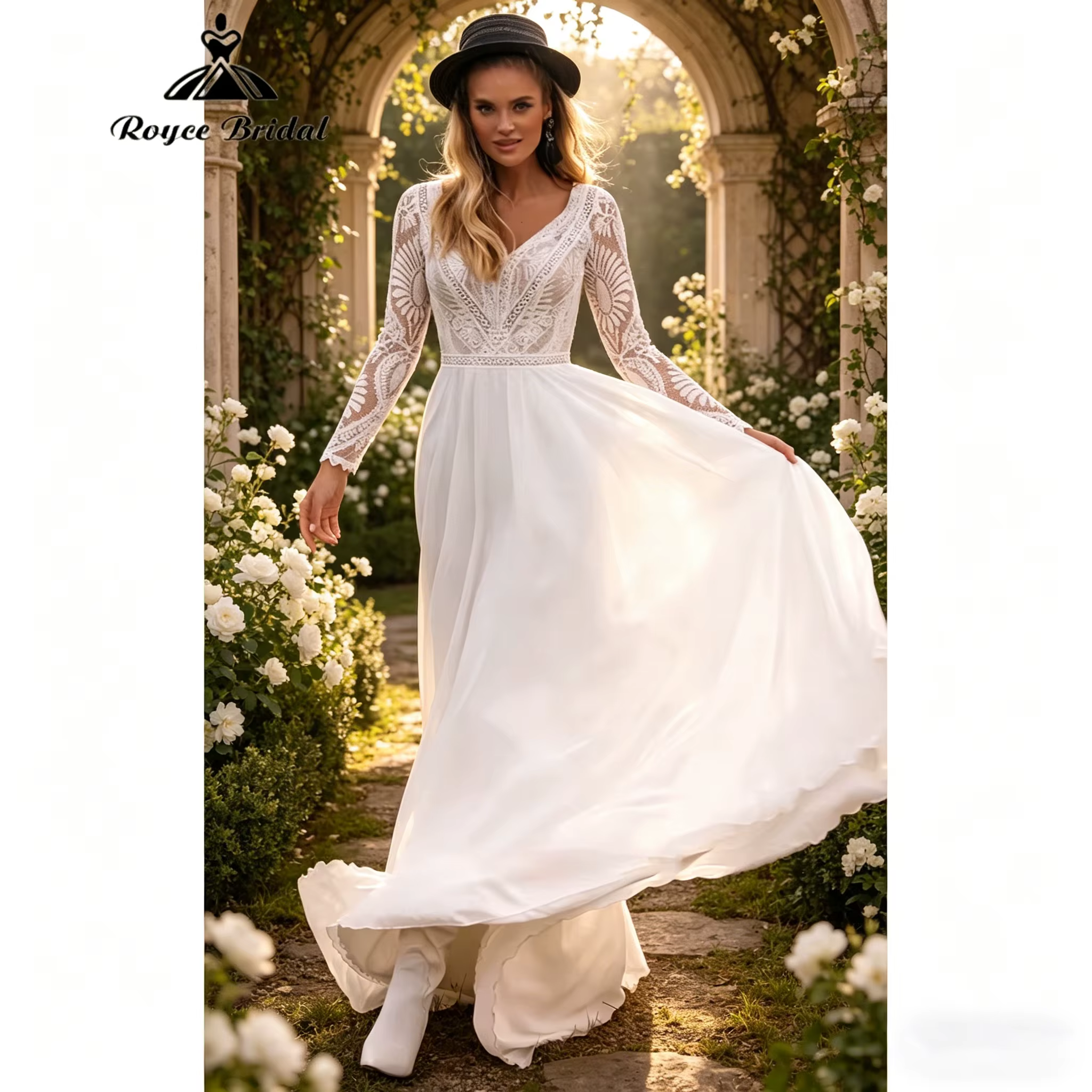 Robe de mariée bohème en dentelle et mousseline de soie, coupe trapèze, col en V, manches longues, r