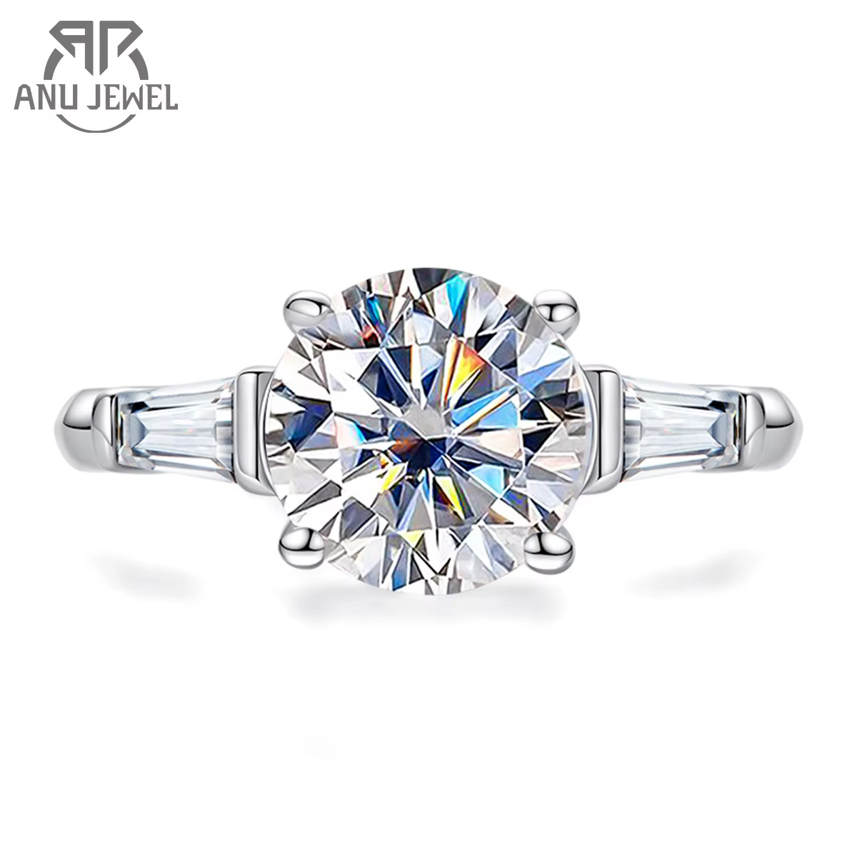 AnuJewel 3ct Moissanite bague de fiançailles couleur D 925 en argent Sterling avec certificat 3 pier