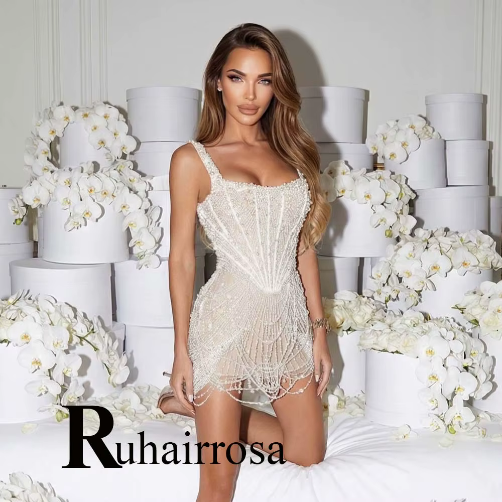 Ruhair – robes de mariée droites tendance pour femmes, corset perlé, sans manches, Mini robe de mari