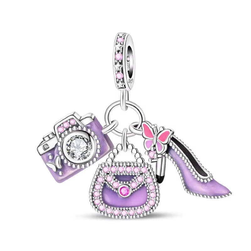 Breloques en Argent Sterling 925 avec Zircon Cubique (CZ) Violet, motifs Sac, Talons Hauts, Appareil