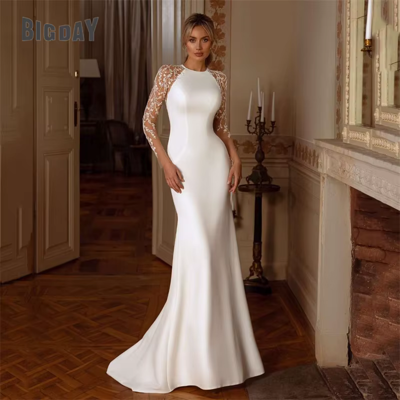 Robe De mariée sirène élégante pour femmes, manches longues, Illusion De dentelle au dos, col rond, 