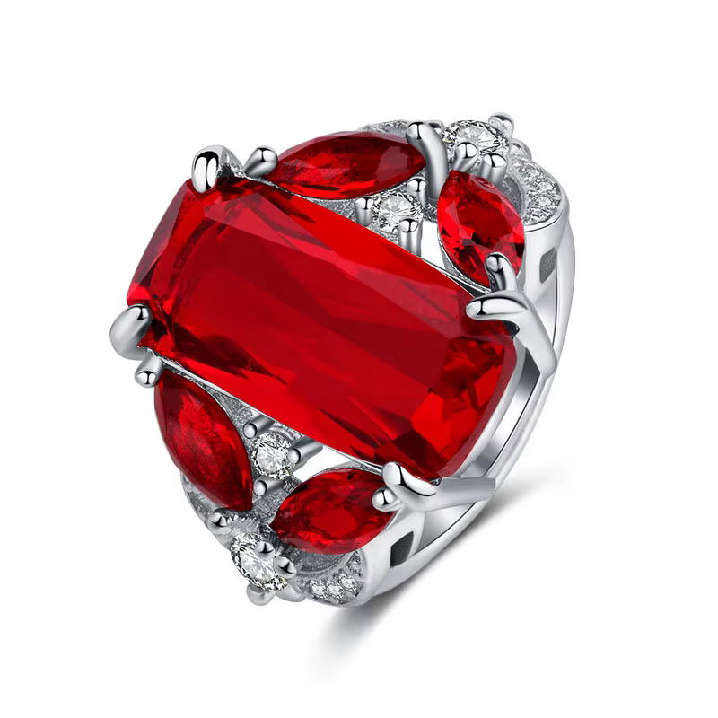 Magnifique bague de fiançailles rubis en argent 925 avec incrustation de diamants, bague en forme d'