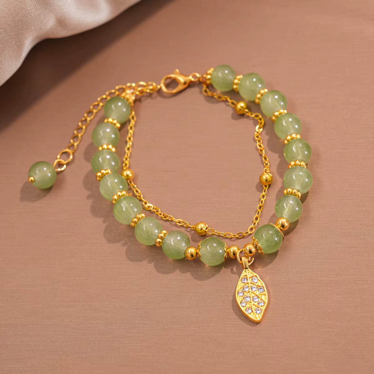 Bracelet en Jade vert de style chinois pour femmes, bracelet exquis avec feuilles de couleur or, bra