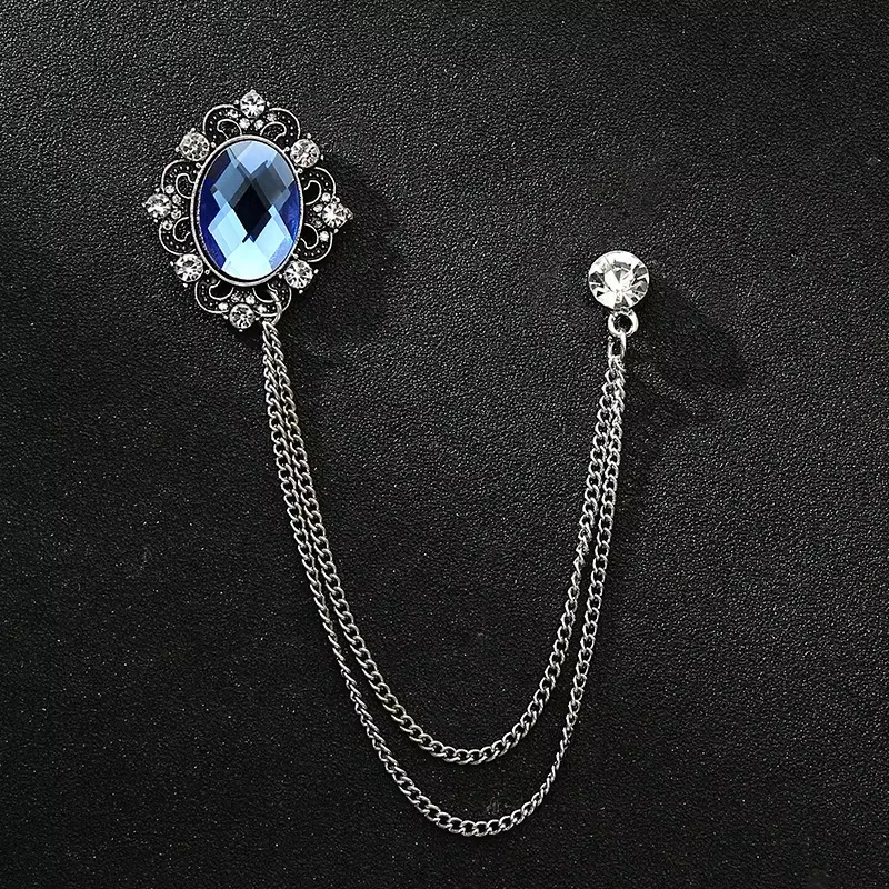 Broche de gemme rétro pour hommes, accessoire de mode, chaîne de personnalité, épingle de poitrine, 