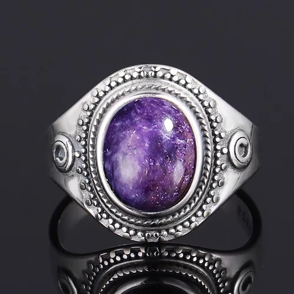 Bague vintage en charoïte naturelle ovale grande taille pour femme, plaquée argent, style rétro, pou