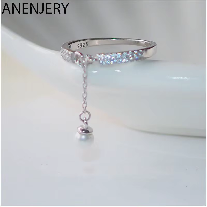 ANENJERY couleur argent AAA Zircon anneaux simulé perle chaîne gland anneaux réglables pour les femm