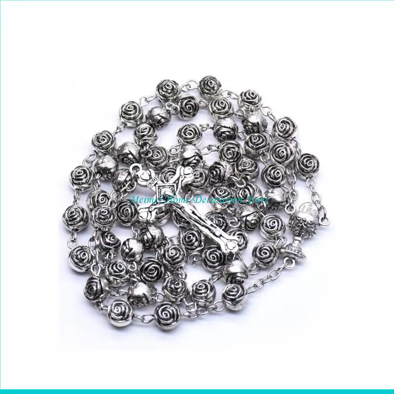 Collier chapelet perles roses catholiques avec pendentif croix, bijoux religieux Vintage pour femmes