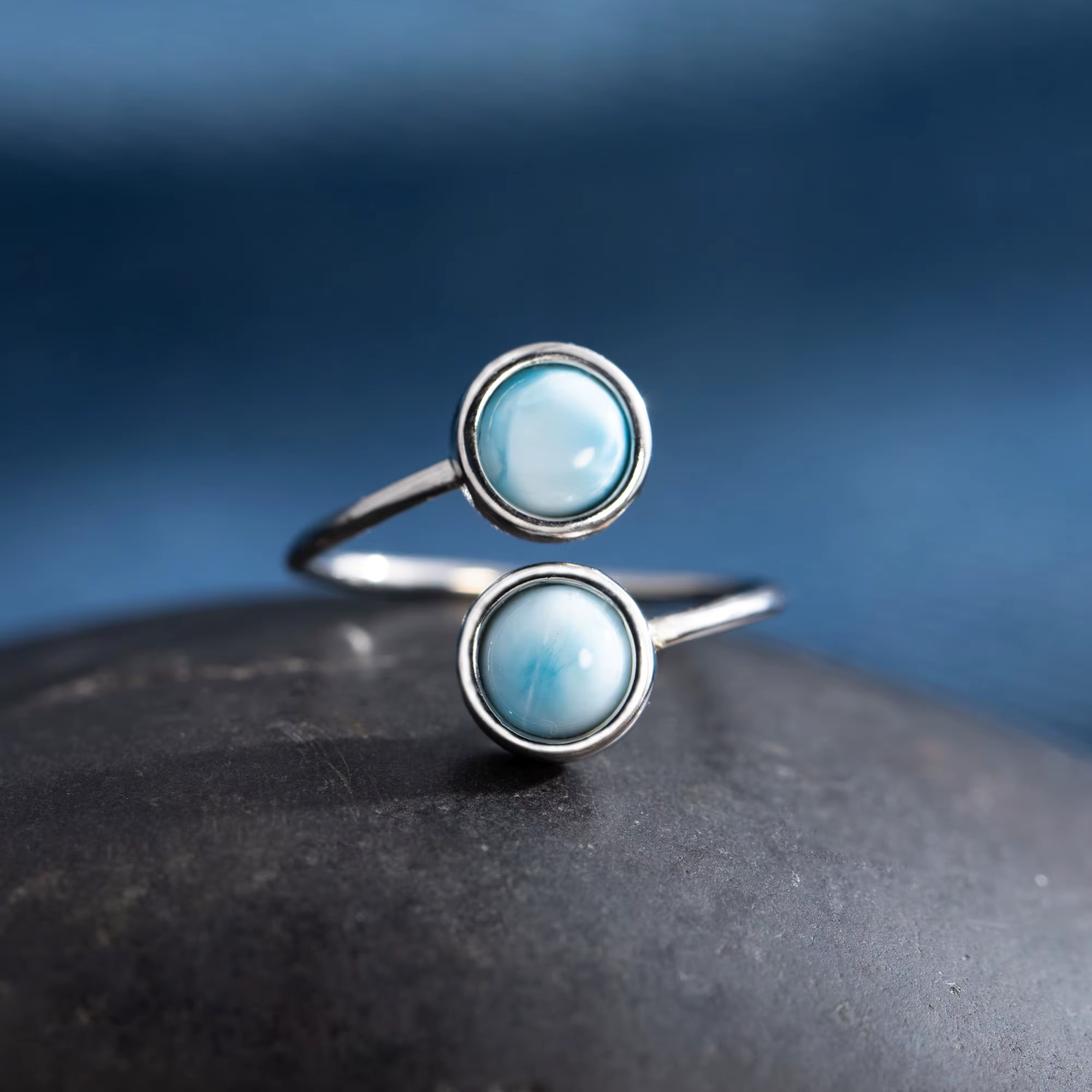 Bague de Cocktail en pierre Double Larimar de forme ronde pour femmes, pierre précieuse bleue réglab