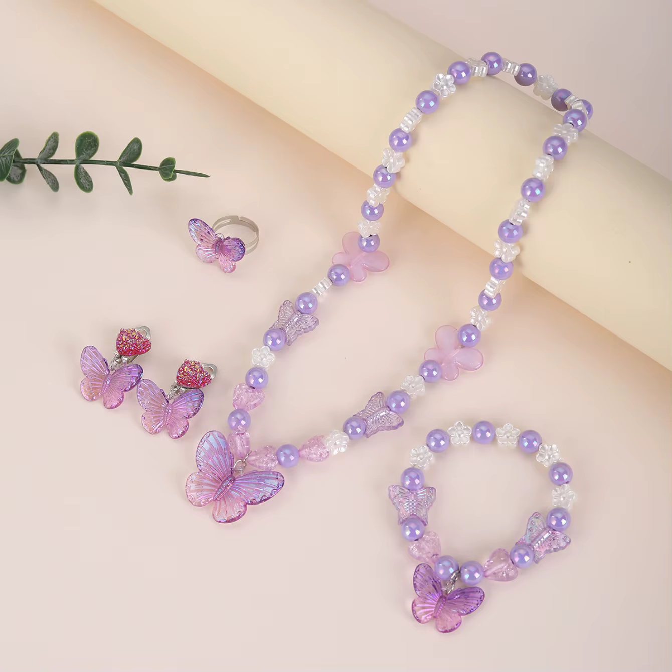 Bracelet princesse pour filles, bijoux en perles, collier papillon de dessin animé, bague, boucles d