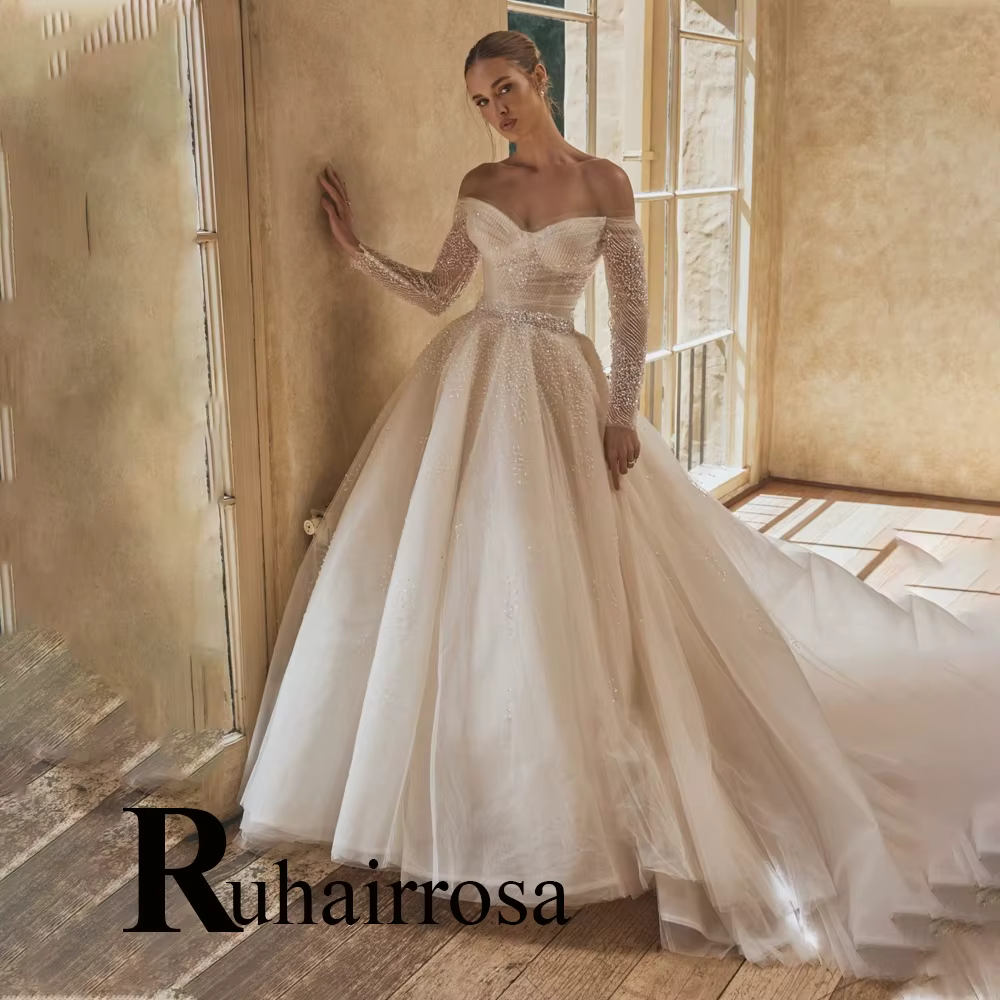 Ruhair charmante hors De l'épaule robes De mariée strass plissé a-ligne Corset robe De mariée Vestid