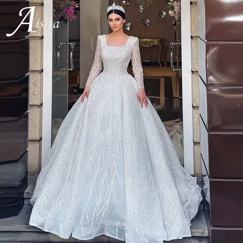 Robe De mariée avec broderie col carré paillettes princesse robe De bal à manches longues dos nu à l