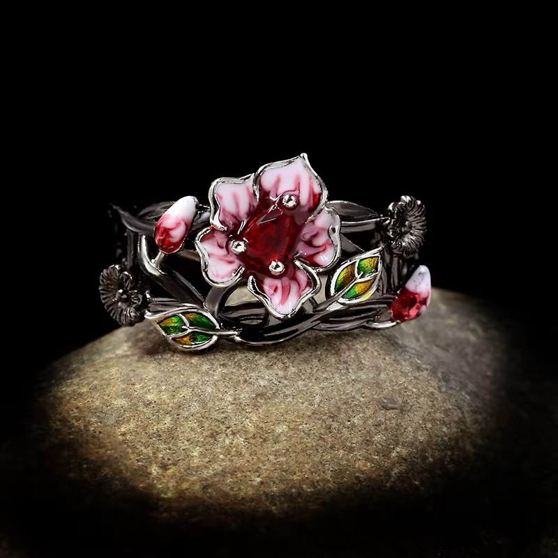 Bijoux exquis pour femmes, fleur rouge, bague en argent 925, bijoux créatifs et élégants pour femmes