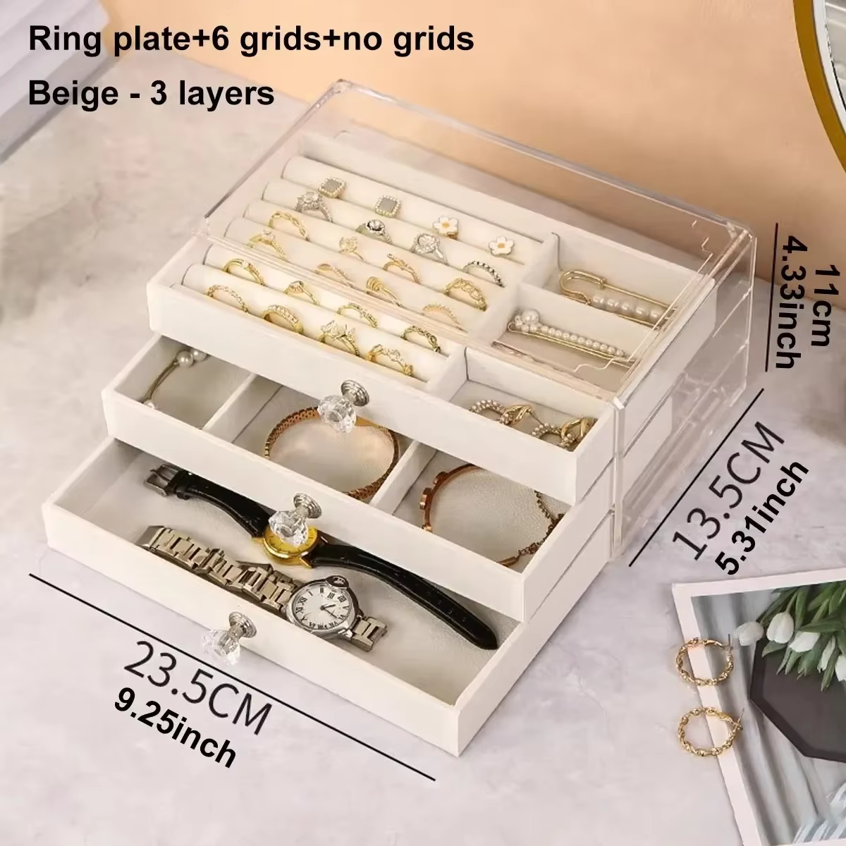 Boîte à bijoux empilable à 3 niveaux beige et gris pour ranger boucles d'oreilles, bagues, colliers 