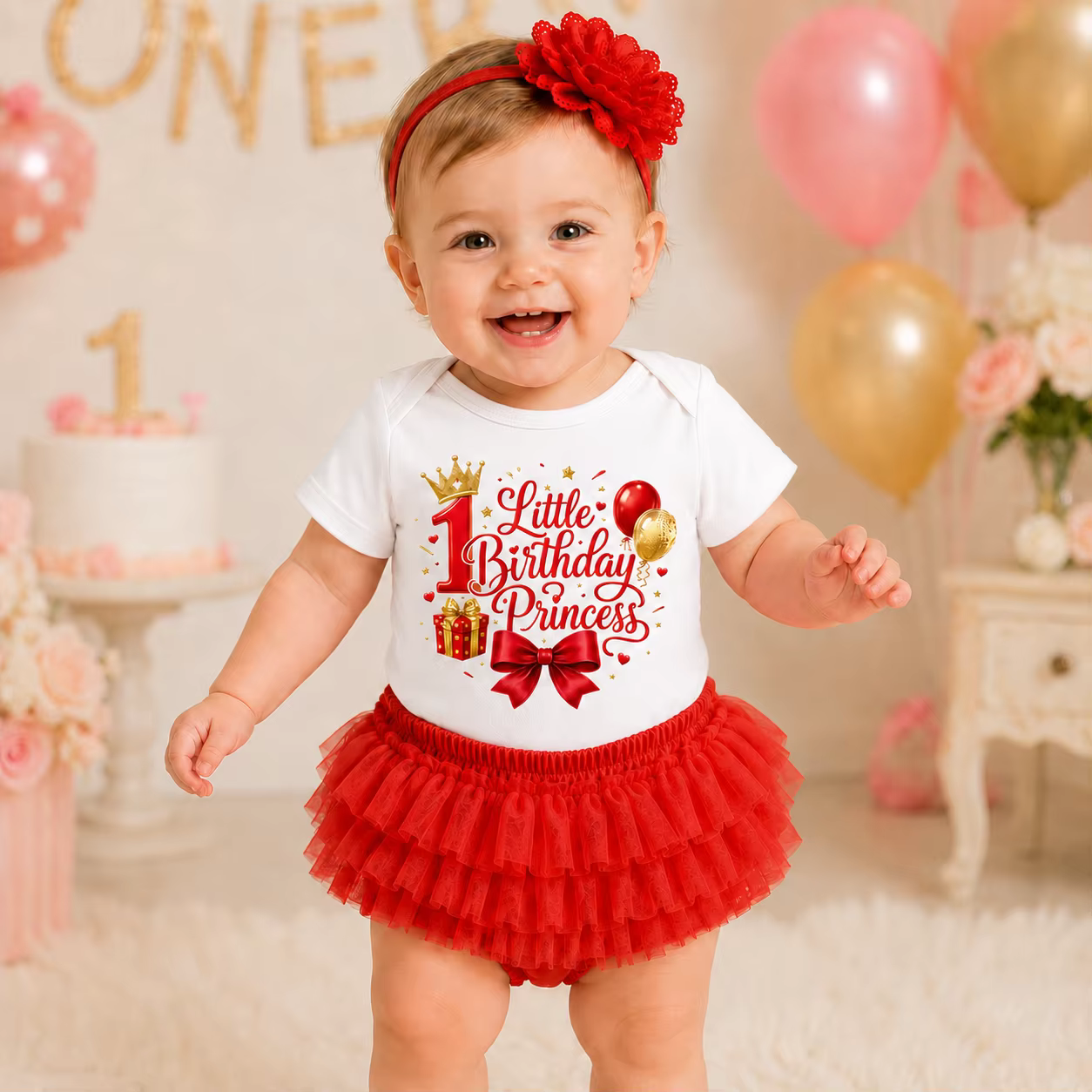 Tenue de 1er anniversaire pour bébé fille, barboteuse imprimée petite princesse, jupe tutu rouge, ba