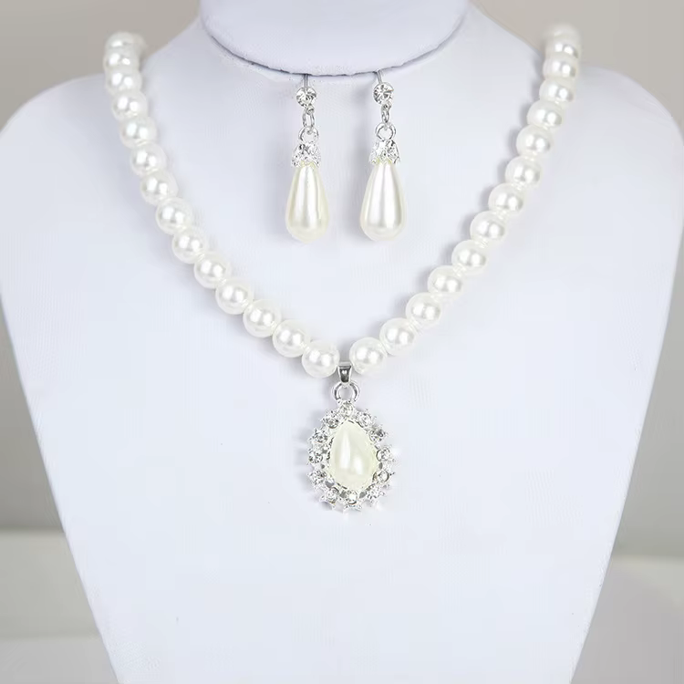 3 pièces/ensemble femmes mariée élégante fête de mariage perle strass collier boucles d'oreilles ens