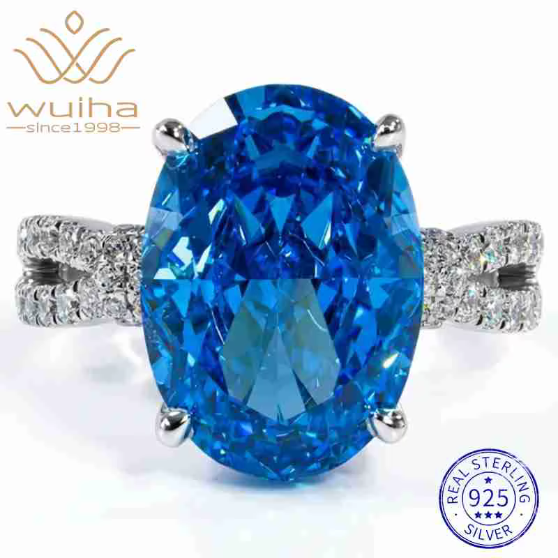 WUIHA – bague de cocktail en argent Sterling 100% 925, coupe ovale, saphir de laboratoire, aigue-mar