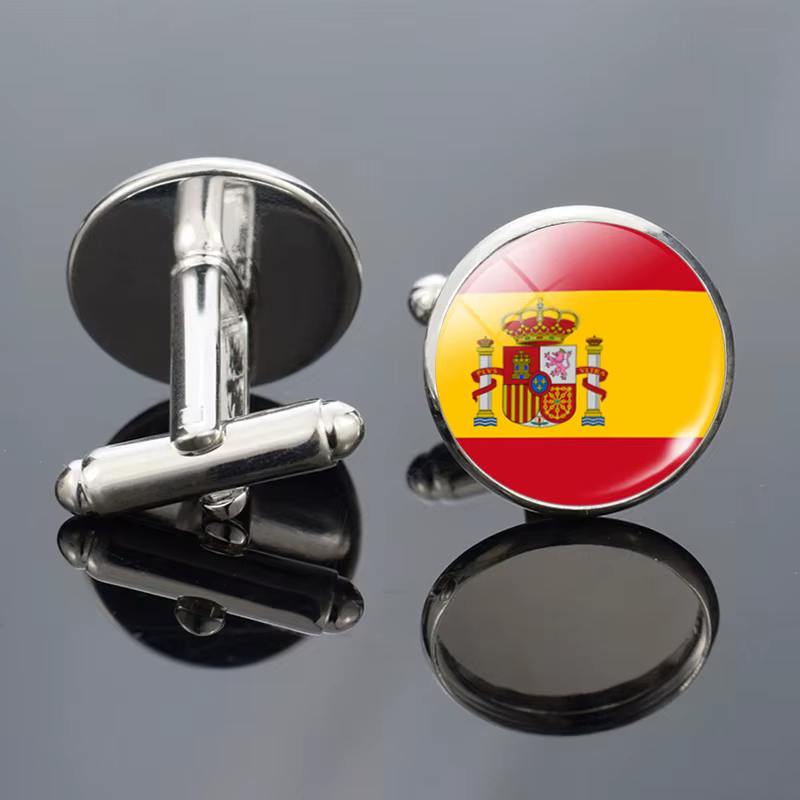 Boutons de manchette pour hommes, drapeaux nationaux des pays européens, Espagne, Royaume-Uni, Franc