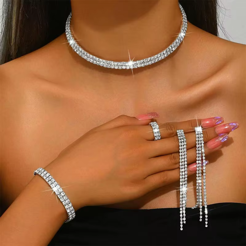 Ensemble de bijoux de fête de mariée, 5 pièces, ras du cou en strass, boucles d'oreilles, Bracelet, 